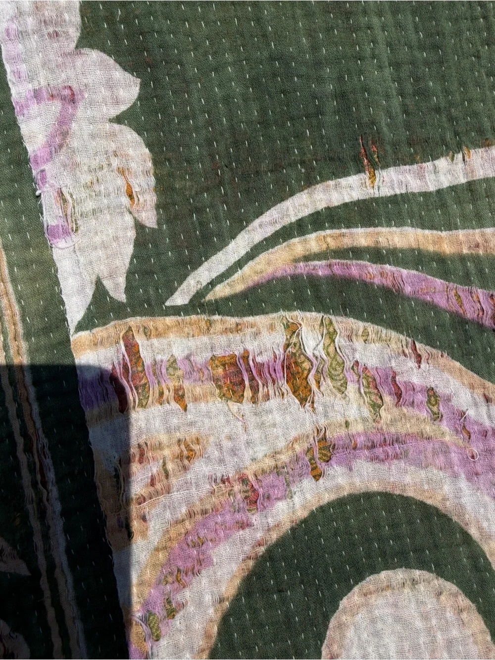 Green Floral Kantha Throw with Pink & Cream Accents